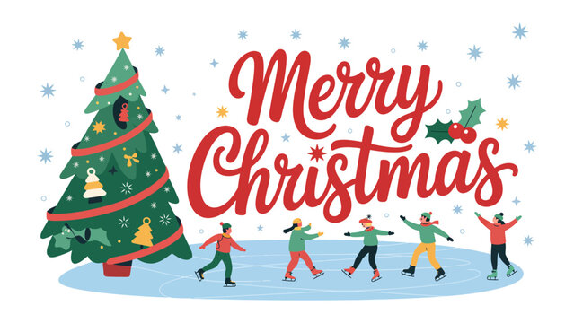 Holiday Cheer: A whimsical illustration of a festive Christmas scene, featuring skaters, snow, a decorated tree, and a heartwarming message of Merry Christmas conveys joy and seasonal happiness.