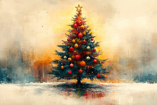 Digital Painting of a Watercolored Christmas Tree with Splash Effects