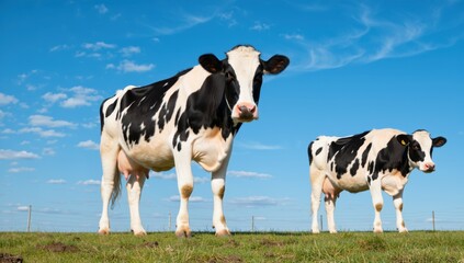 Holstein cow and calf standing in a green pasture under a bright blue sky on a sunny day