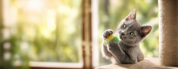 The Gray Kitten Playing with a Colorful Toy on a Cat Tree by Window