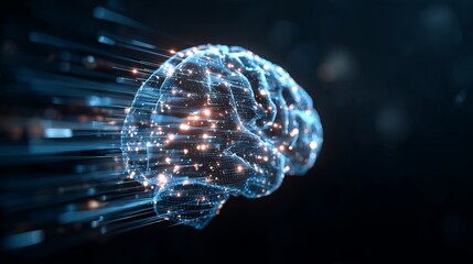 Dynamic digital brain pulses with luminous data streams representing artificial intelligence and futuristic thought processes
