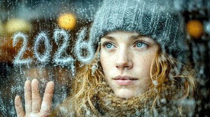 Woman looking through frosty window with 2026 Written on Glass. Winter concept symbolizing New Year