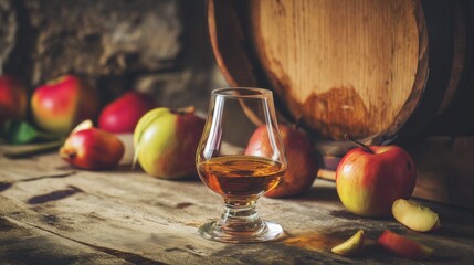 Naklejka premium Glass of Apple Brandy with Fresh Apples and Wooden Barrel. Generative AI