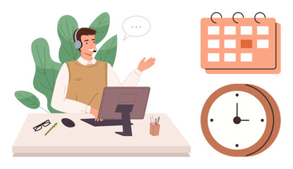 Customer service representative working at a desk with a computer, surrounded by clock and calendar elements. Ideal for time management, customer support, scheduling, remote work, organization