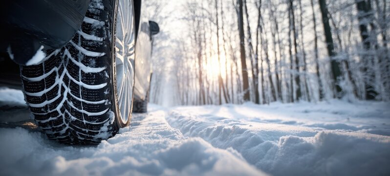 The car tire gripping a snowy forest road at winter sunrise with soft light