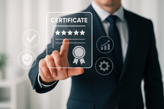 Business professional interacting with a virtual certificate display, highlighting achievements, validation, and digital certification concepts in modern corporate culture.