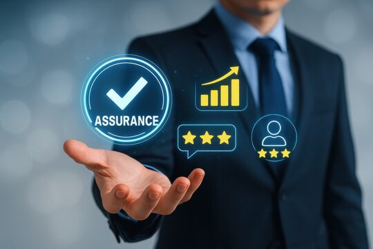 Businessman presenting digital icons of assurance, growth metrics, and customer feedback. Concept of trust, performance analytics, and professional services in modern business.