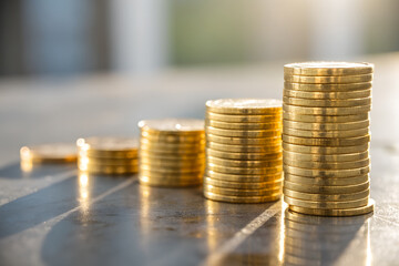 Golden coin stacks arranged in increasing height, symbolizing financial savings, investment growth, wealth creation, budgeting, and long-term economic planning.