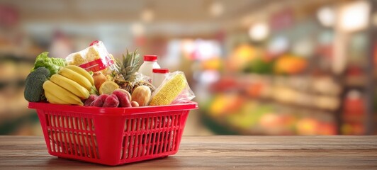 The grocery basket overflowing with fresh fruits, vegetables, dairy and pantry staples on display
