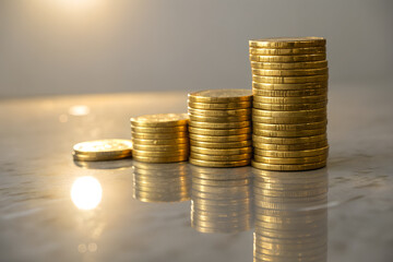 Rising stacks of golden coins representing wealth building, successful investment, savings strategy, financial progress, capital growth, and economic prosperity.