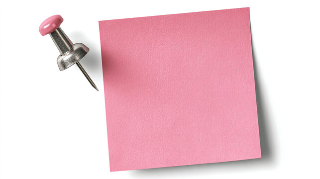 Close up of a pink square sticky note attached with a pink headed silver push pin