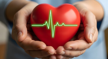 Hands Holding a Red Heart with EKG Line Healthcare Wellness and Cardiology Concept
