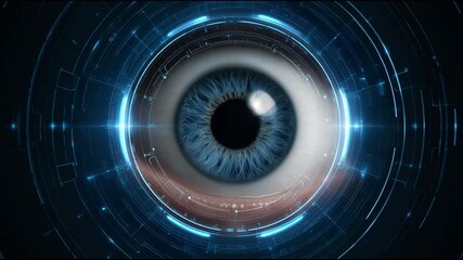 Futuristic digital blue eye with an advanced technology interface for cyber security, biometrics, and surveillance powerful vision for secure network information access - Powered by Adobe
