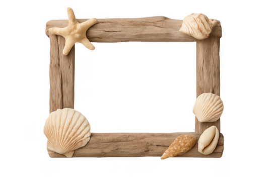 Driftwood frame decorated with starfish and seashells on transparent background