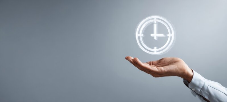 The Hand Holding a Floating Clock Icon Symbolizing Time Management and Digital Concept