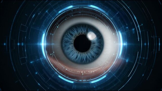 Futuristic digital blue eye with an advanced technology interface for cyber security, biometrics, and surveillance powerful vision for secure network information access - Powered by Adobe