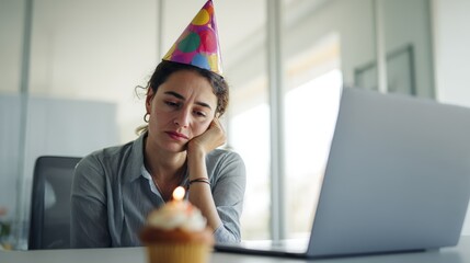 Birthday At Work Sad Woman In Party Hat Stares At Laptop Beside Cupcake