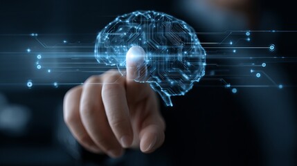 Futuristic digital brain interface with glowing circuits and a human finger interacting with advanced AI technology