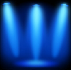 Three intense blue stage spotlights illuminating a glowing floor on a dark background — dramatic concert lighting, futuristic glow effect, studio spotlight beams for tech presentations & graphic 