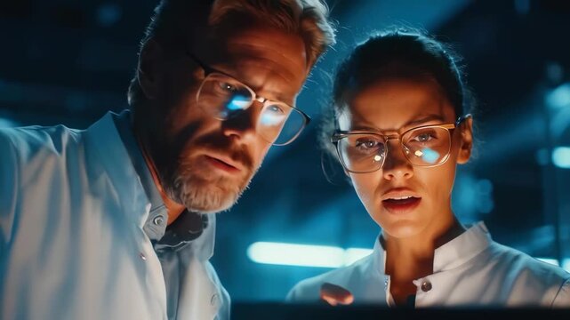 Two surprised scientists in lab coats intensely examine a glowing screen, possibly discovering something significant in a dark high-tech research facility.