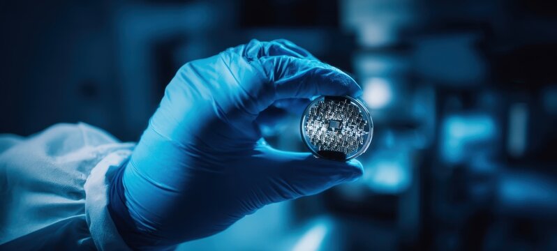 The silicon wafer held by gloved hand in sterile high-tech laboratory environment