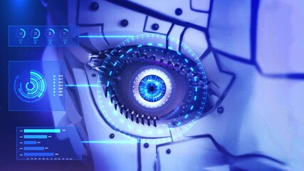 Futuristic robot eyes financial charts data digital screen. Global interfaces hologram Animation. Digital network, future technology network. Modern cyberspace innovation. node connection, Business - Powered by Adobe