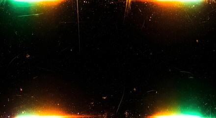Abstract grunge texture with colorful light leaks and dust particles on a black background, vintage film effect, cinematic overlay