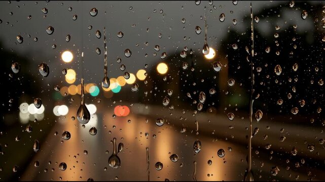 Moody, abstract blur of wet city street at night with atmospheric rain and light. somber, reflective scene through window with beautiful raindrop bokeh effects