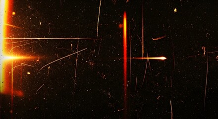 Abstract background with glowing orange light streaks and vintage film grain, simulating a retro cinematic effect with scratches and dust particles