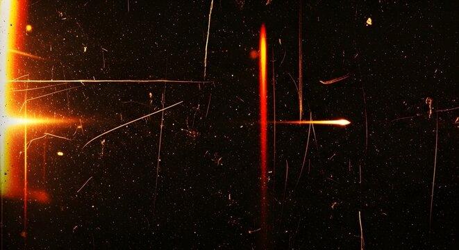 Abstract background with glowing orange light streaks and vintage film grain, simulating a retro cinematic effect with scratches and dust particles