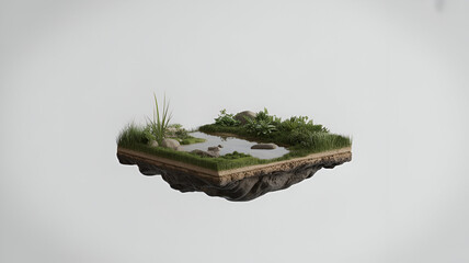 Serene floating island with lush greenery and tranquil water, perfect for environmental concepts and sustainable design projects looking for earth focused imagery