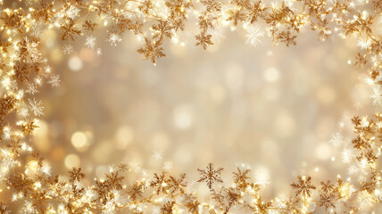 Bright festive background with decorative garland lights outlining the frame, soft golden glow, scattered snowflakes and gentle blur, large empty white area in the middle, clean composition