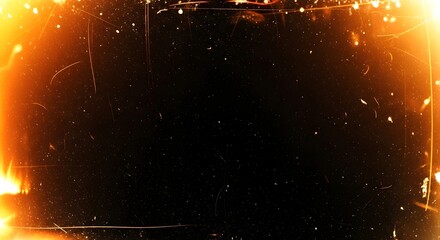 Abstract background with vintage film grain, dust, scratches, and bright orange light leaks, evoking a retro or distressed aesthetic