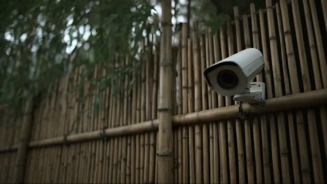 Surveillance camera mounted on bamboo fence in outdoor setting  