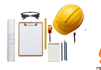 Construction blueprint hard hat safety glasses and other equipment flat lay