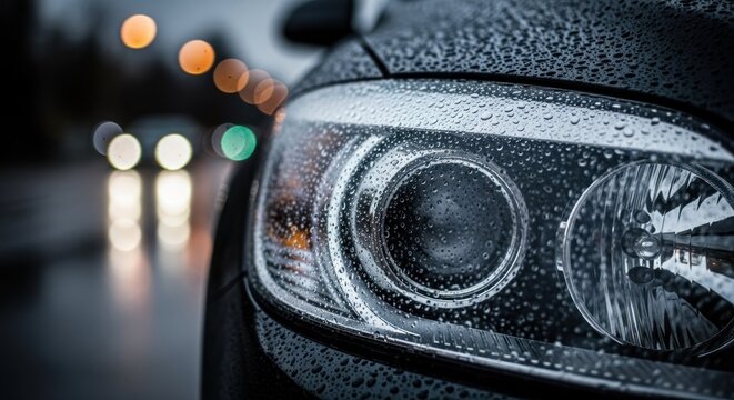 Close up of a modern car headlight covered in raindrops on a rainy city night with bokeh lights in the background.