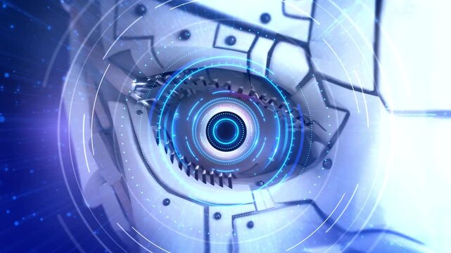 Robot Eye digital interface Technology Futuristic Data in Eye Holographic Macro Animations, Program Codes Charts. Cyborg, Augmented or Virtual Reality. eye. vision or artificial intelligence