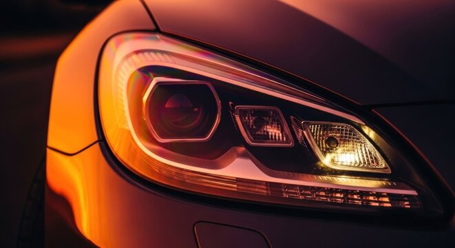 Close up of a modern car headlight illuminated at night with a warm orange glow.