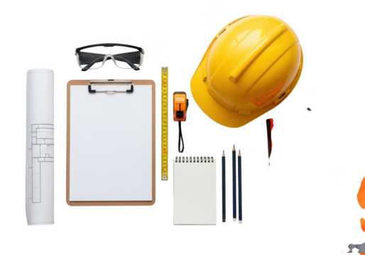 Construction blueprint hard hat safety glasses and other equipment flat lay