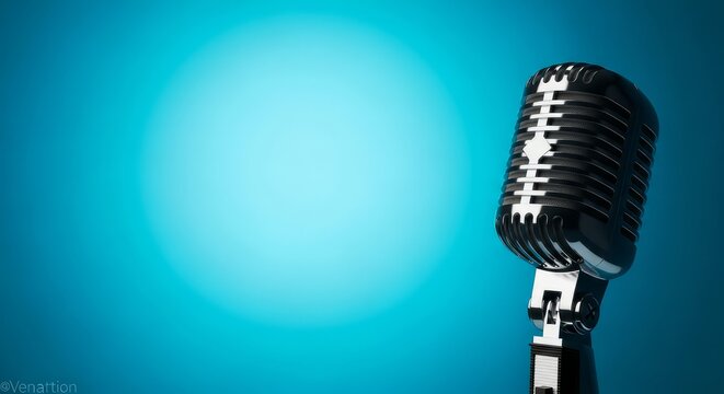 A vintage microphone stands against a vibrant blue backdrop with a soft glowing light behind it
