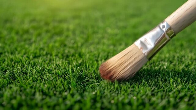 Paintbrush and bristles touching green grass surface creative concept