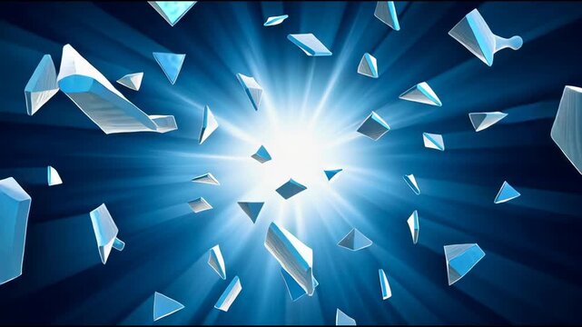 Abstract blue light explosion on dark background showing microbe cell breaking apart. Dynamic motion of shattered glass reveals pure energy, power, and bright flare