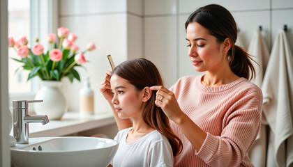 Caring mother styling daughter's hair in modern bathroom with flowers  
