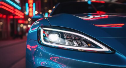Sleek blue sports car with glowing LED headlight on a vibrant city street at night.