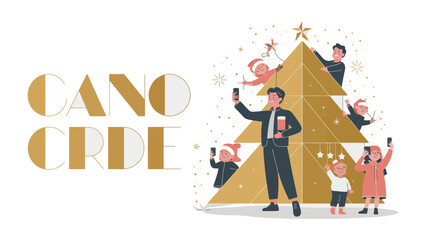 Holiday Selfie: Capturing festive spirit as a family merrily take selfies with a stylized Christmas tree, the scene embodies unity and celebration. 