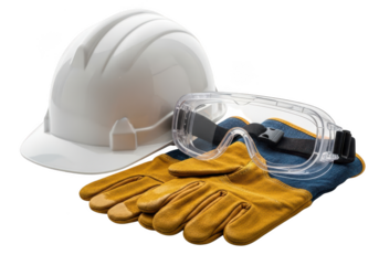 Construction safety equipment on dark background including hard hat