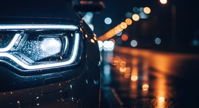 Modern car LED headlight glowing brightly on a wet city street at night with bokeh lights.