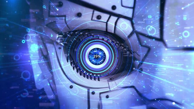 Robot digital eye biometric data. Future innovation face identification hi-tech technology. surveillance retina ID digital data technology cybersecurity hologram security human identity innovation 3D - Powered by Adobe