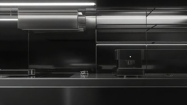 Sleek dark high tech kitchen with integrated appliances