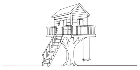 Continuous one line drawing of a tree house, symbolizing imagination and childhood, line art style vector illustration.
